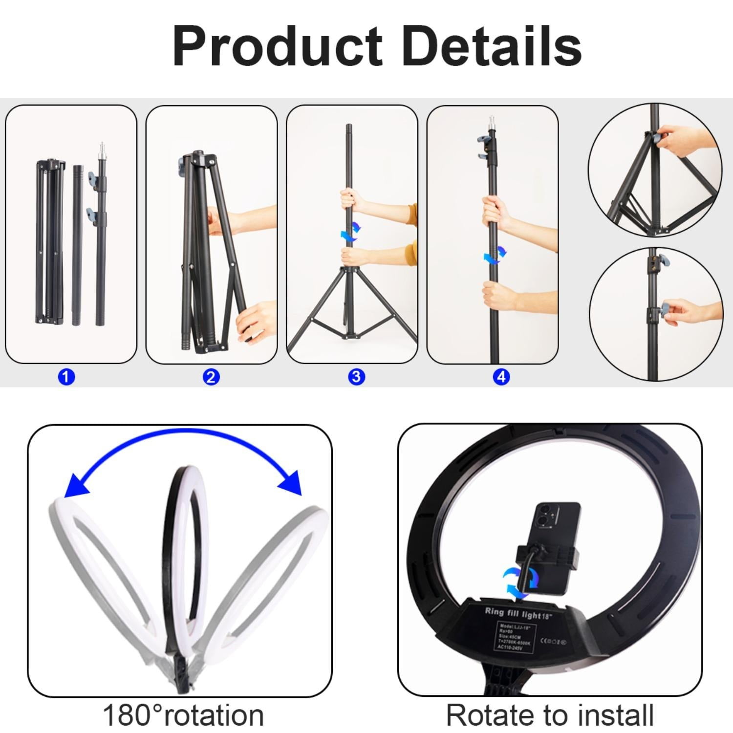 ZOMEI 18 inch Ring Light with Stand, Large Ring Light for iPhone, 3 Clips/USB Ports,2700-6500K with Tripod for Tattoo Lash Barber Makeup Photography Lighting