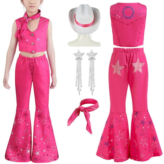 Girls Retro Hippie Disco Costume Cowgirl Pink Flare Pant Halloween Cosplay