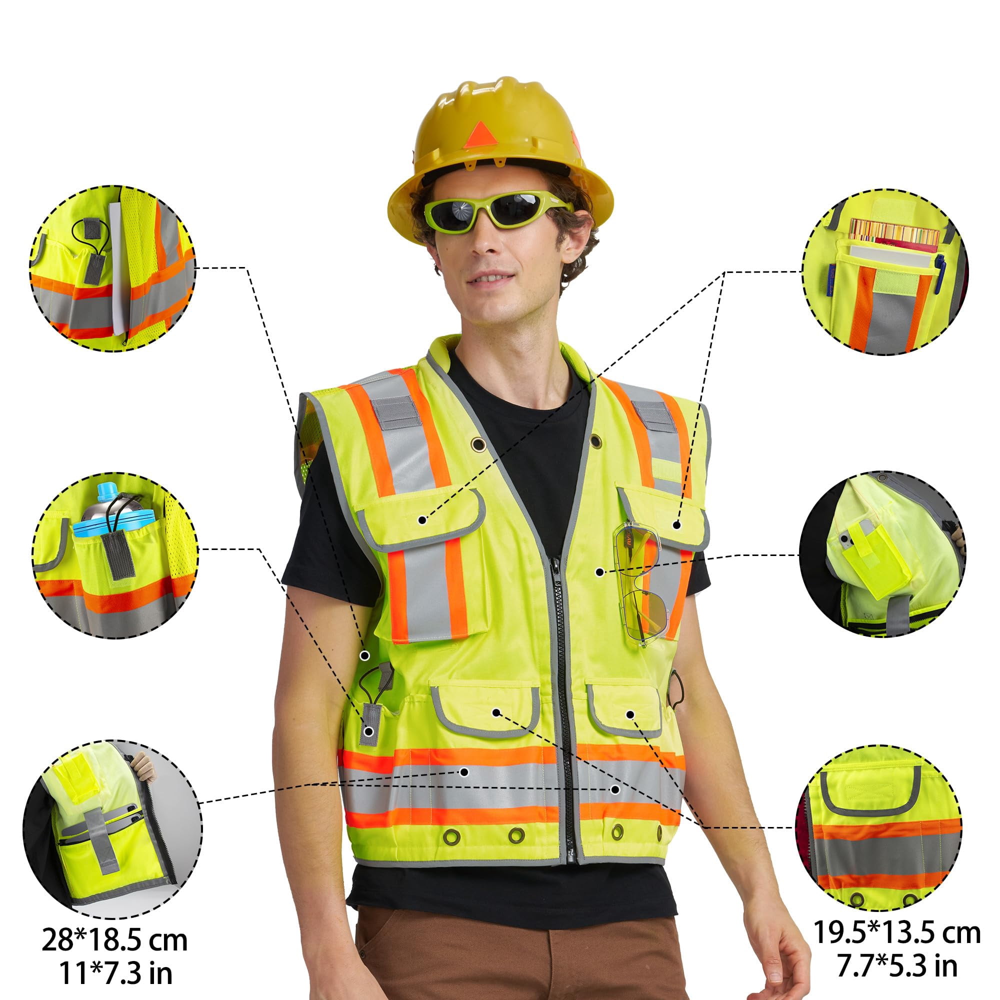 AYKRM Heavy Woven Two Tone Engineer High Vis Reflective work construction safety vest for men Class 2 with Cargo Pockets