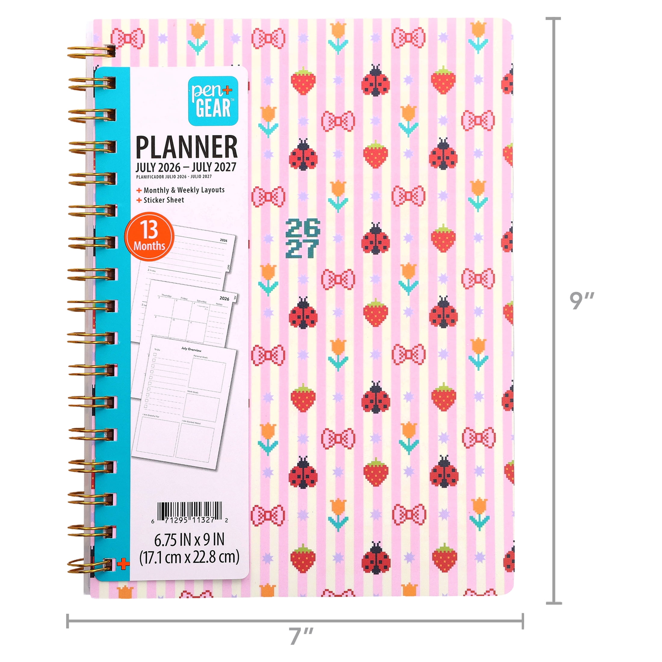 Pen+Gear 13-Month Monthly Planner, July 2026-July 2027, Multicolor Ladybugs and Bows, 6.75" x 9"