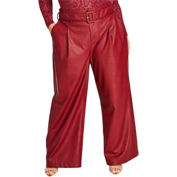 Nina Parker Womens Pleather High Waist Belted Straight Leg Relaxed Dress Pants, red, Plus Size, 20W