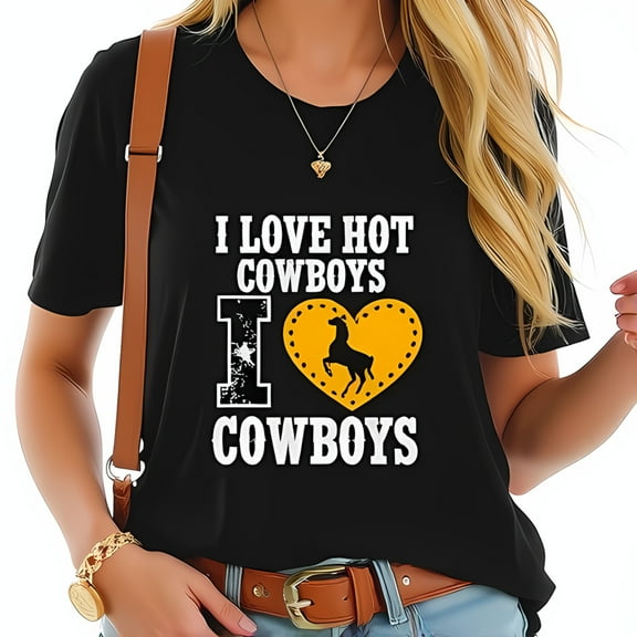 I LOVE HOT COWBOYS Graphic Cotton Short Sleeve T-Shirt with Heart & Horse - Fun Western Style Tee