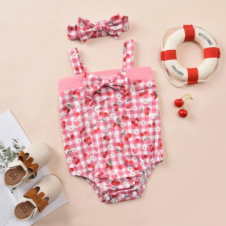 

TOTO Newborn Infant Baby Girls Suspenders Plaid Floral Print Bodysuit Romper+Headband