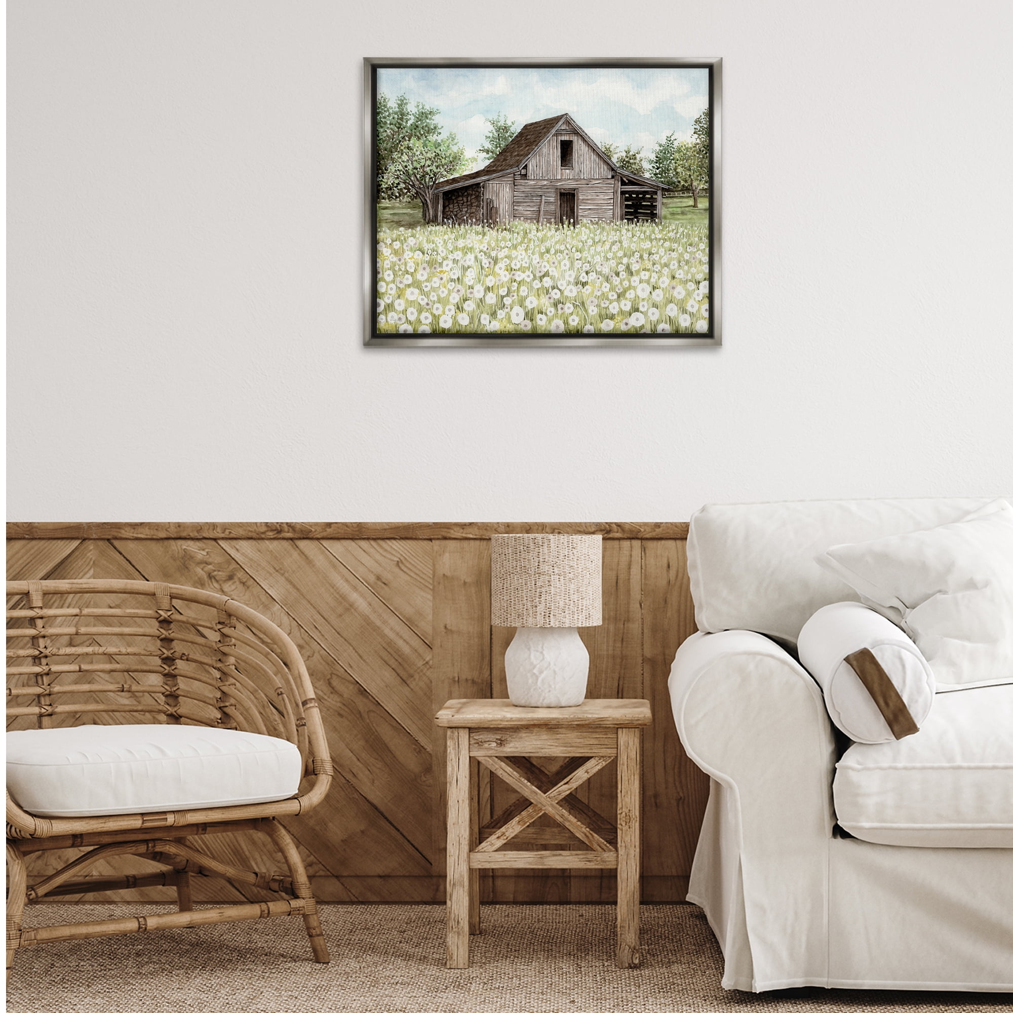 Stupell Industries White Poppy Farm Meadow Landscape & Nature Painting Gray Floater Framed Canvas Art Print Wall Art, 31 x 25