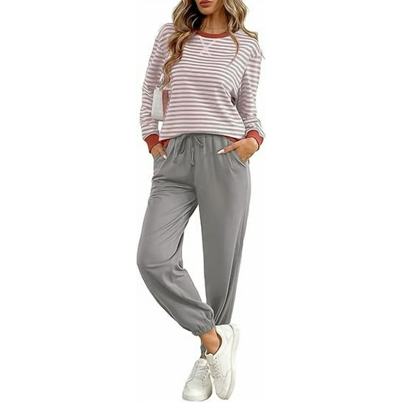 Fiophy Women's Cozy 2 Piece Outfits Lounge Sets Striped Color Block Long Sleeve Tops Jogger Sweatpants Sweats Track Suits Set,Blue,L
