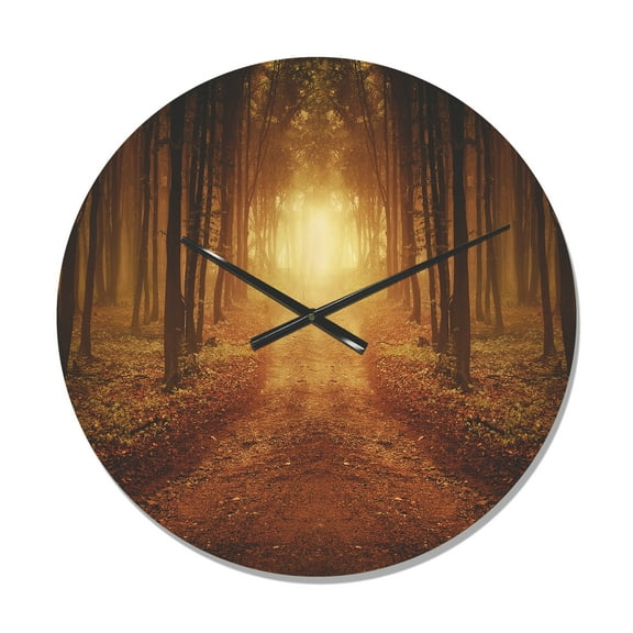 Designart 'Road in Symmetrical Forest During Sunset Light' Rustic Wood Wall Clock