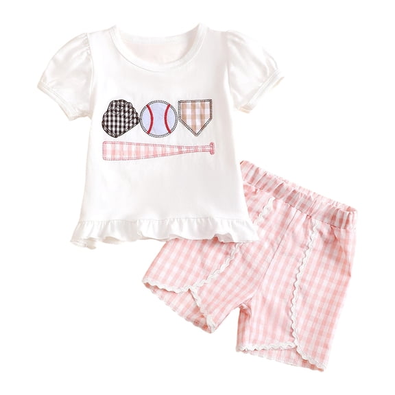 Toddler Girl Summer Outfits Baseball Embroidery Short Sleeve T-Shirt and Plaid Shorts Play Set 2 Piece