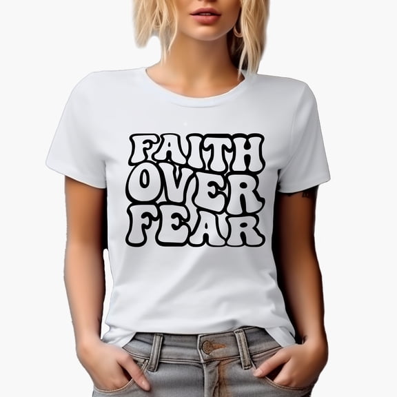 Faith Over Fear Quote, Groovy Retro Wavy Text Merch Gift, White T-Shirt, Small