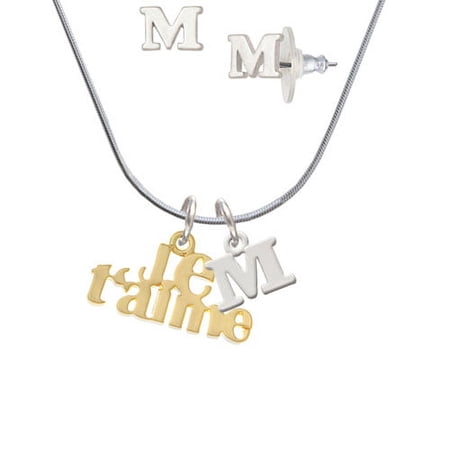 Large Gold Tone Je T aime – M Initial Charm Necklace and Stud Earrings Jewelry Set