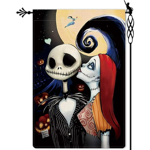 Halloween Ghost Garden Flag The Nightmare Garden Flag Sally Kisses Jack Vertical Double Sided Rustic Farmland Burlap Yard Lawn Outdoor Decor 12.5x18"