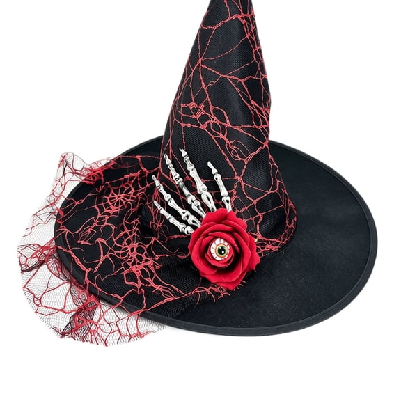 Womens Halloween Witch Hat with Red Mesh Veil, Pointed Cone Costume Hat with Wide Brim, Wizard Headwear for Party Cosplay Dress Up Black
