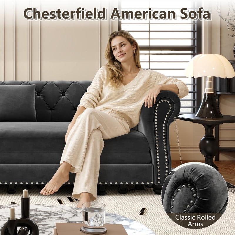3-in-1 Pull-Out Sofa Bed, 89'' Chesterfield Sofa, Convertible Sleeper Sofa Bed, King Size Sofa Bed, Chaise Lounge, Tufted Design Velvet 3-Seater Sofa with Movable Ottoman