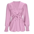 thumbnail image 3 of Lenpel Blouses for Women Ruffle Lantern Long Sleeve Cross Deep V Neck Pleated Tie Front Tunic Tops Dressy Casual Shirts(Pink,XX-Large), 3 of 6
