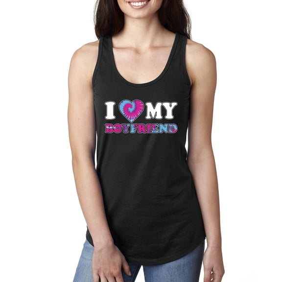 I Love My Boyfriend Tie Dye Pop Culture Ladies Racerback Tank Top, Black, Small