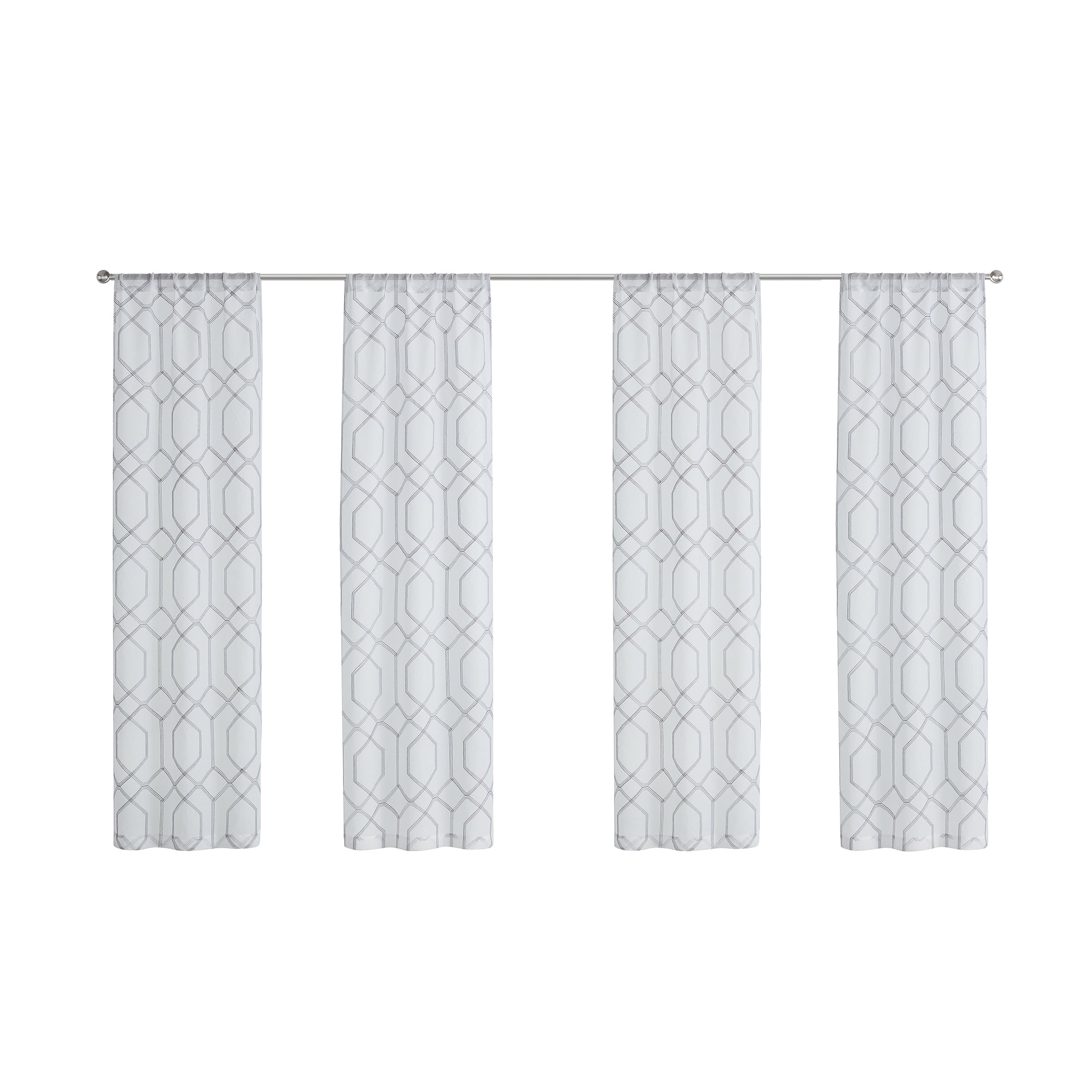 (2 pack) Mainstays Geometric Embroidered Rod Pocket Sheer Curtain Set, 4 Panels, Gray, 28 in x 84 in