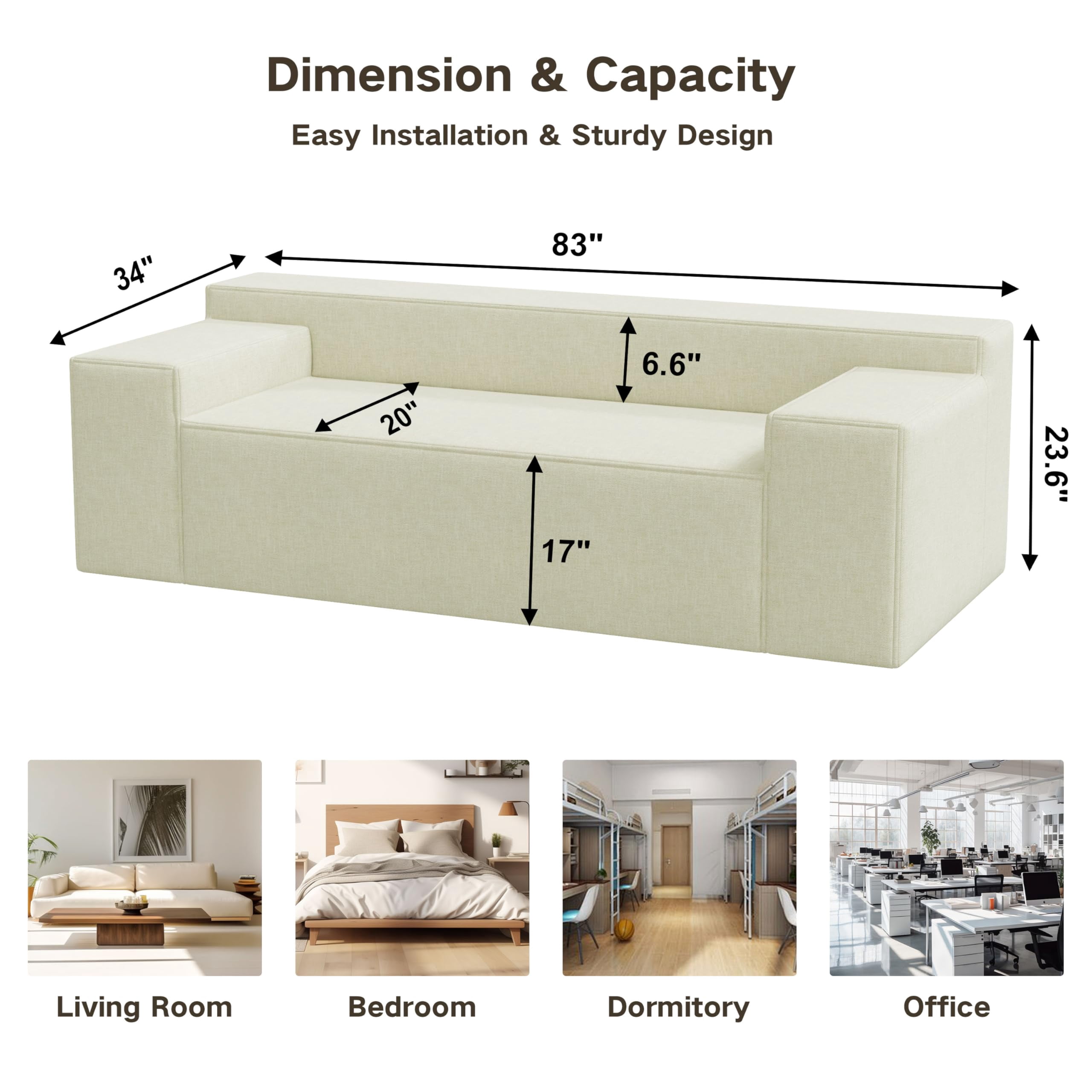 Modern 3-Seater Sofa, Hybrid Sofa in a Box, No Assembly Required, Comfy Sofa Couch with 3 Matching Pillows, Couch for Living Room or Bedroom, Beige