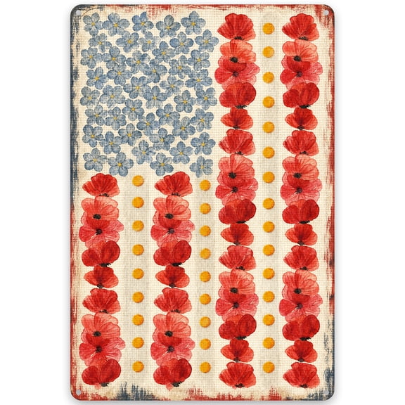 Patriotic Metal Wall Decor Sign 8x12 Inch – Rustic American Flag Design with Blue Flowers and Red Poppies – Vintage Style Home Decor for Indoor/Outdoor Use with Easy Hanging