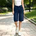 thumbnail image 5 of Vintage Washed Knee Length Jean Shorts for Women High Rise Loose Wide Leg Bermuda Denim Shorts Y2K Casual Streert Pants with Pockets Navy, 5 of 6