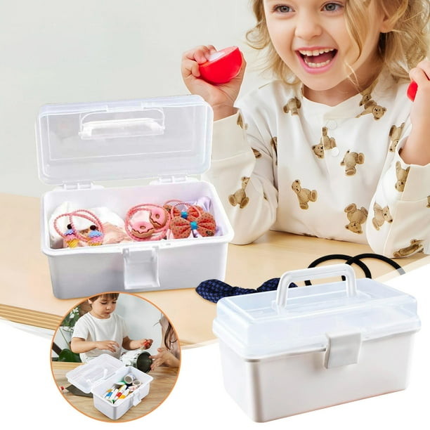 Baúles de almacenamiento, caja de aparejos multiusos vacía de plástico transparente de 12,9 pulgadas con asa gris y bandeja extraíble para herramientas, kit de costura de primeros auxilios, suministro