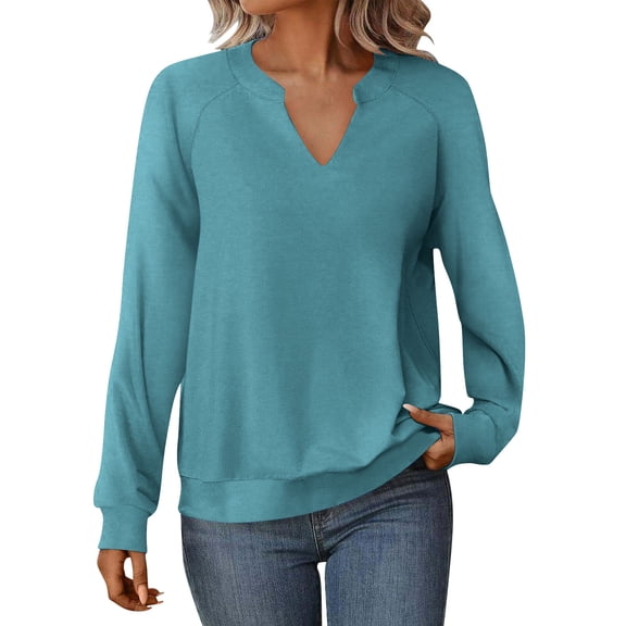 yillto Women Long Sleeve Tops Basic Loose Solid Color Lightweight Sweatshirt V Neck Pullover Plain Shirts