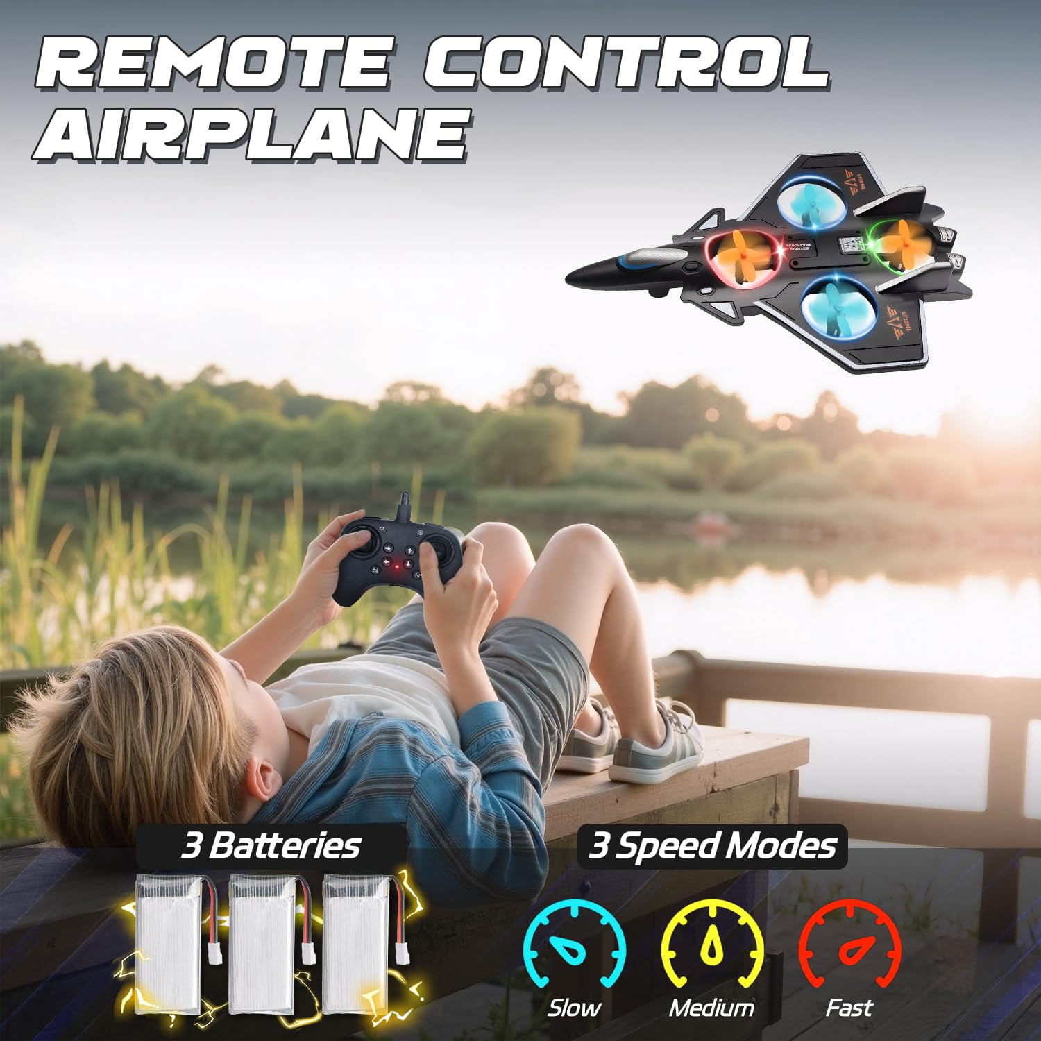 TBSCWYF Foam RC Plane, Remote Control Airplane for Kids 8-16, 360° Flip Stunt, LED Lights, 2 Batteries