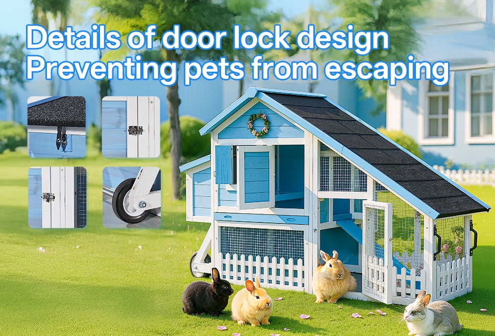 MEWANG Wooden Rabbit Hutch with Wheels, Outdoor Large Bunny Cage with Run, Blue and White Small Animal House with Weatherproof Roof and Pull-Out Tray