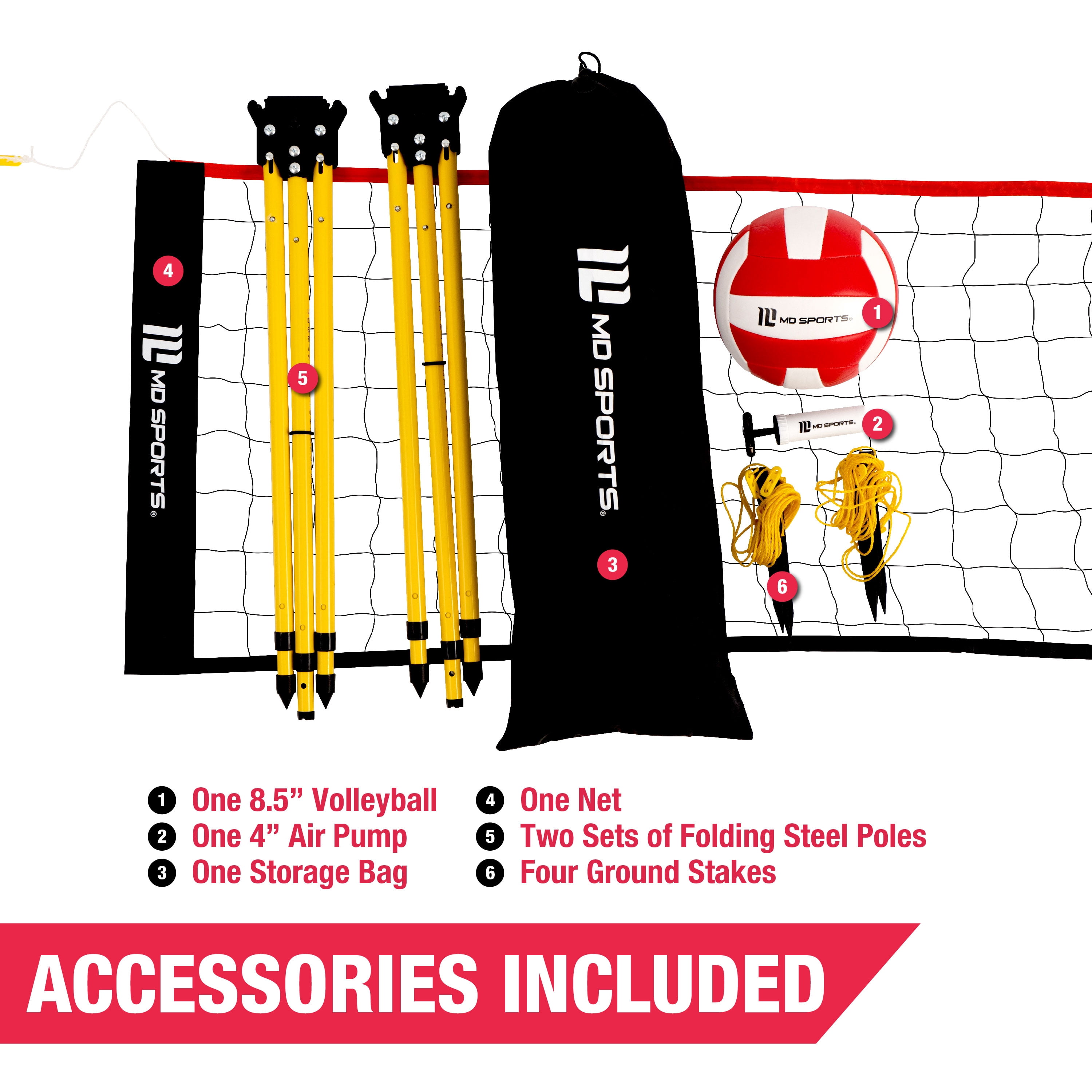 30 ft Volleyball Set, Quick Assembly, Official Size Net with Adjustable Height, Steel Poles, Ball Included, by MD Sports