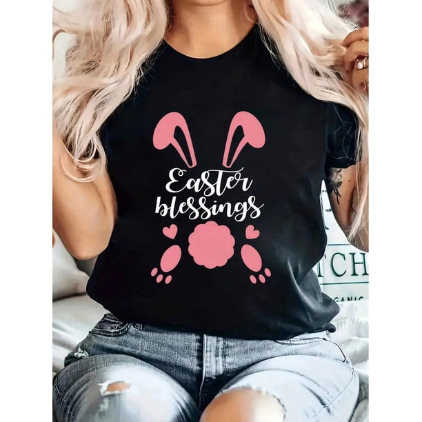 Easter Blessings Print T-Shirt, Casual Crew Neck Short Sleeve Comfort Tee Top For Spring & Summer, Women's Clothing Tee For Adult, Men, Women, Teen, Teenager, Adolescent, Youth
