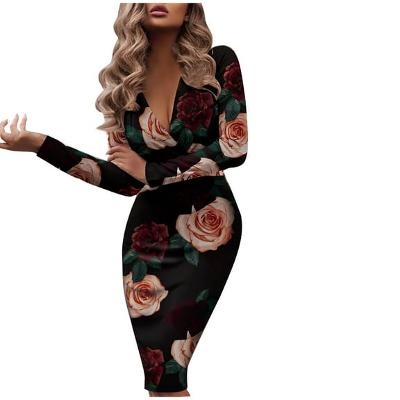 JINMGG 2026 Summer Dresses under $10.00 Women Women Long Dress Deep V Long Sleeve Dresses Fitted Print Evening Party Clubwear
