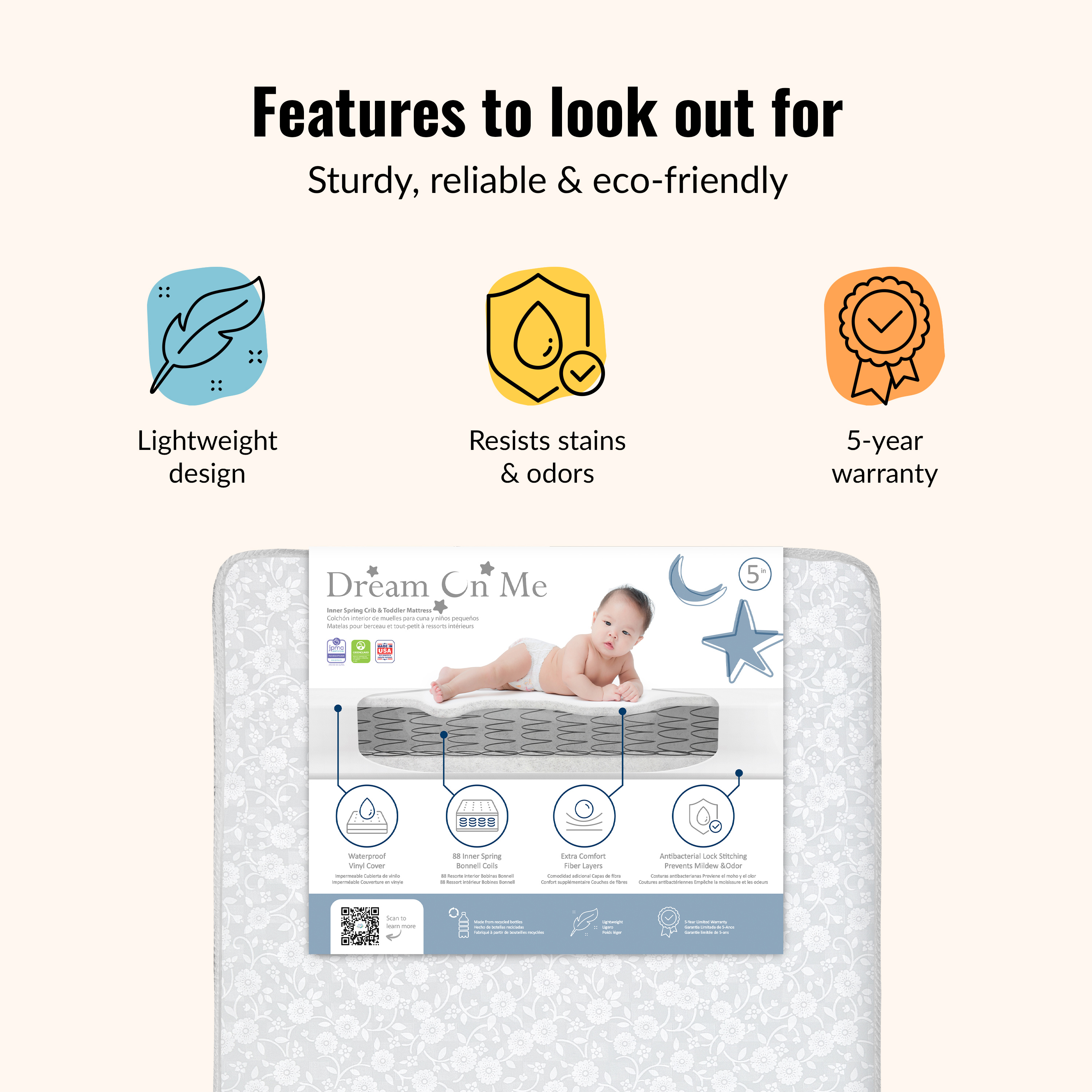 Dream On Me Nap Nest Crib and Toddler Mattress, Daisy Dreams