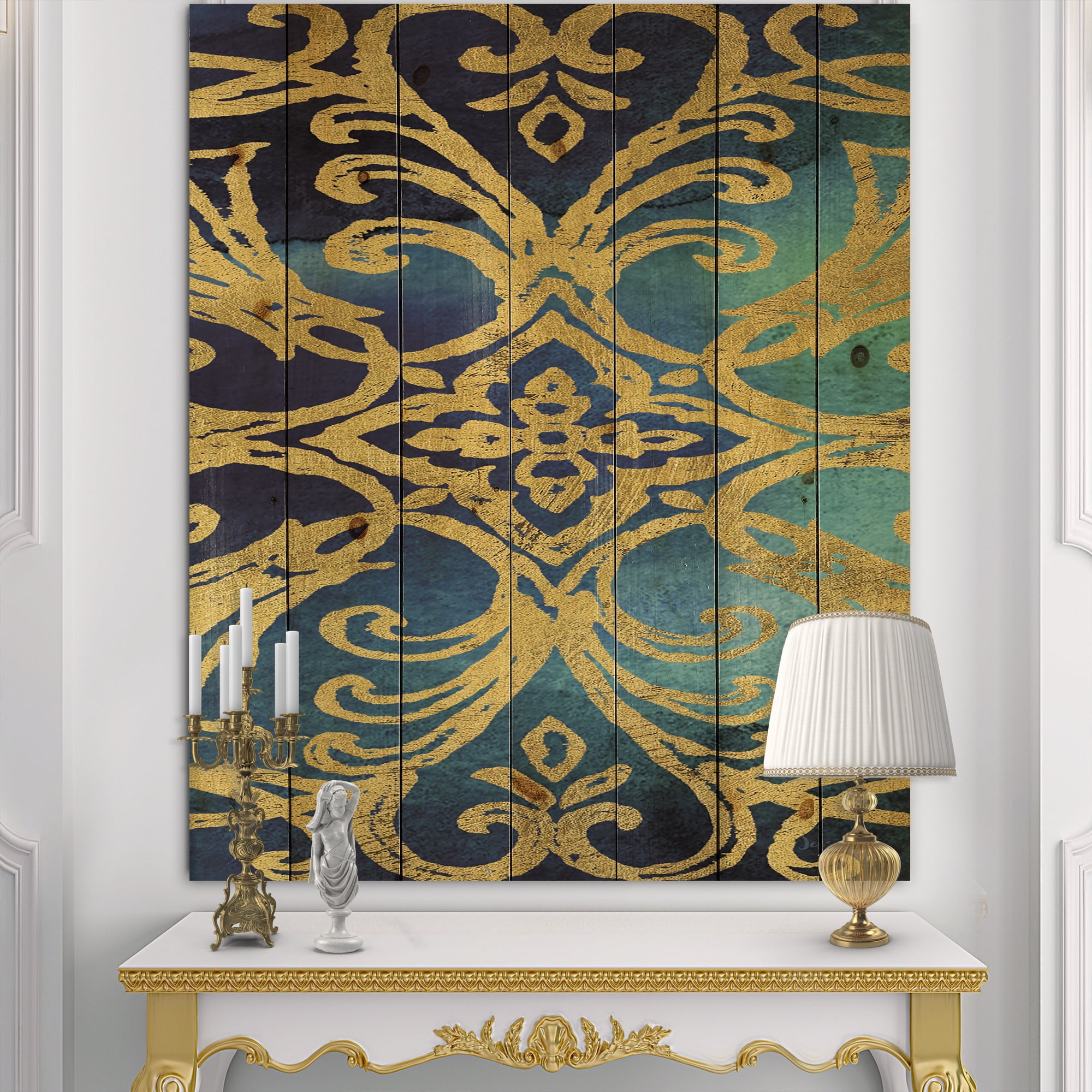 Designart 'Metallic Glam Gold Indigo Form I' Transitional Print on Natural Pine Wood