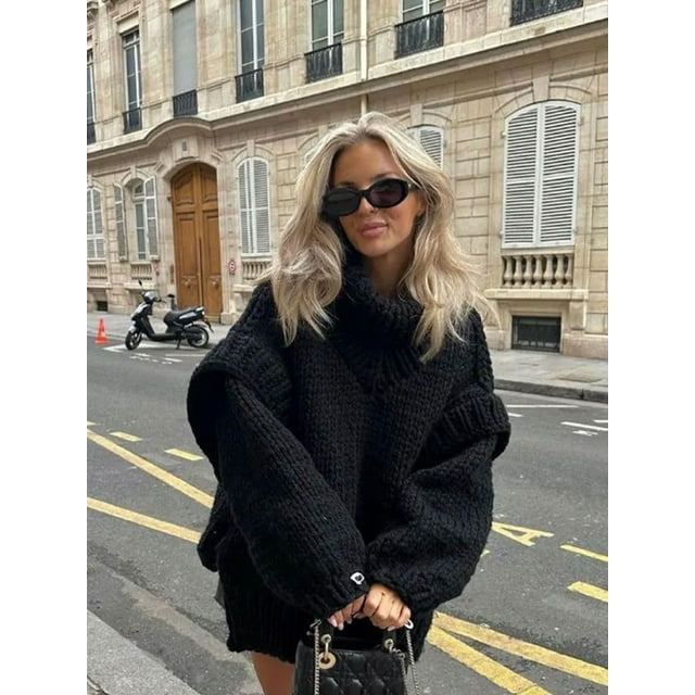 Pull Col Roulé Double Manches Lanterne Femme Épais Chaud Surdimensionné Ample Automne Hiver 2023 Chic Tricoté