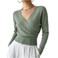thumbnail image 2 of XUNKUSGA Sweaters for Women Fashion Wrap Cross V Neck Long Sleeve Knit Sweaters Classic Solid Color Slim Fit Pullover Sweaters Lightweight Soft Knit Tops for Women Army Green S, 2 of 9