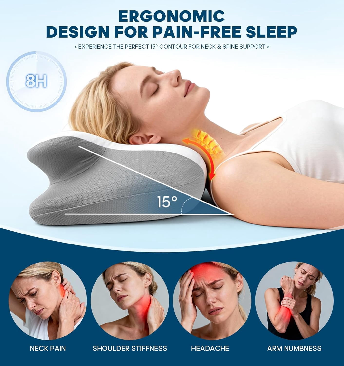 Cervical Neck Pillow – Ergonomic Contoured Memory Foam Pillow for Neck & Shoulder Support, Dual-Height Spine Alignment for Side, Back & Stomach Sleepers, Cooling Ice Silk Pillowcase