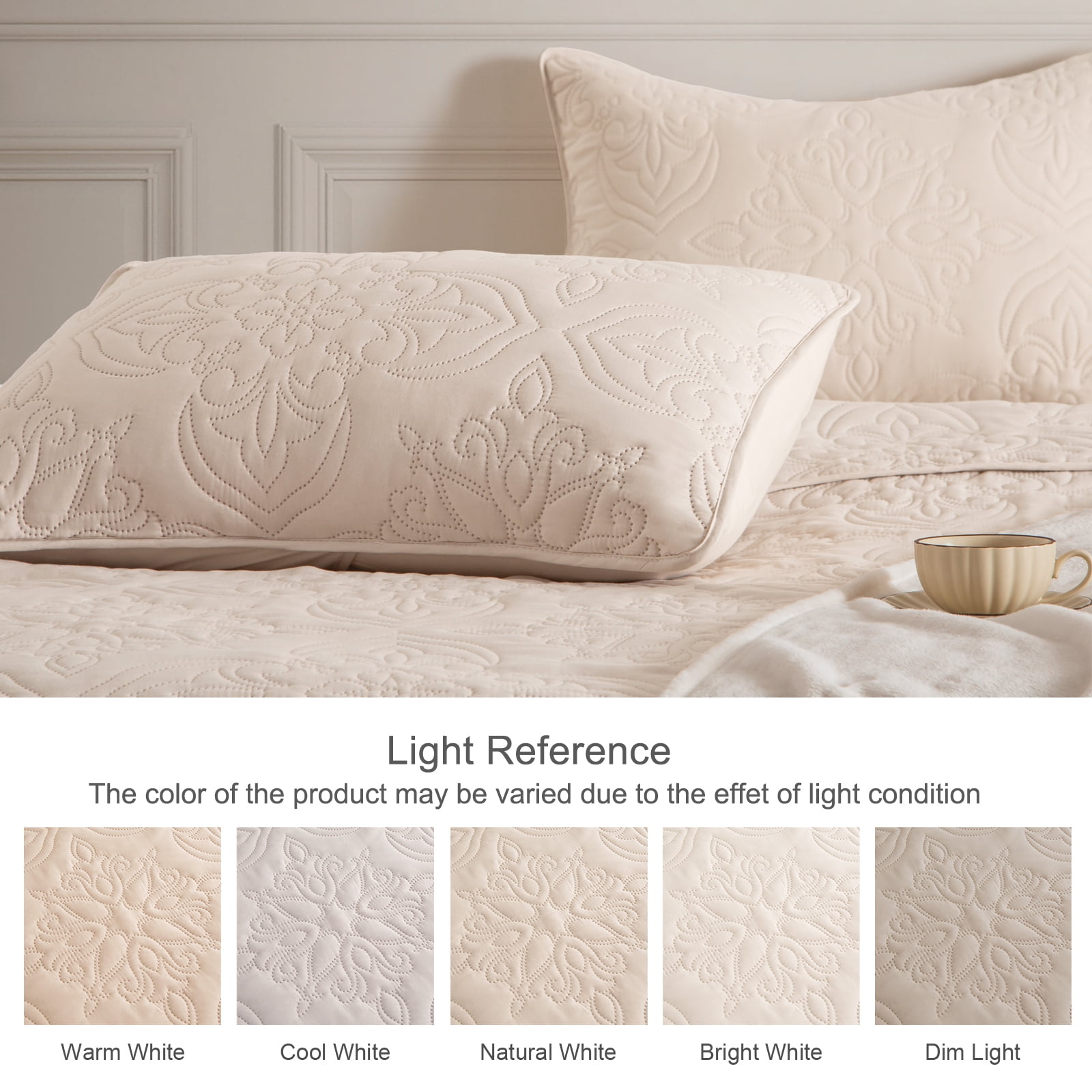 Whale Flotilla Soft King Quilt Bedding Set for All Seasons, Elegant Vintage Damask Ultrasonic Quilts Set, Lightweight Reversible Bedspread, Coverlet, Bed Cover with 2 Pillow Shams, Brich Beige