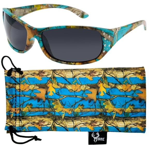 Polarized Teal Camo Sunglasses for Women - Elettra - Teal Camo Frame - Smoke Lens