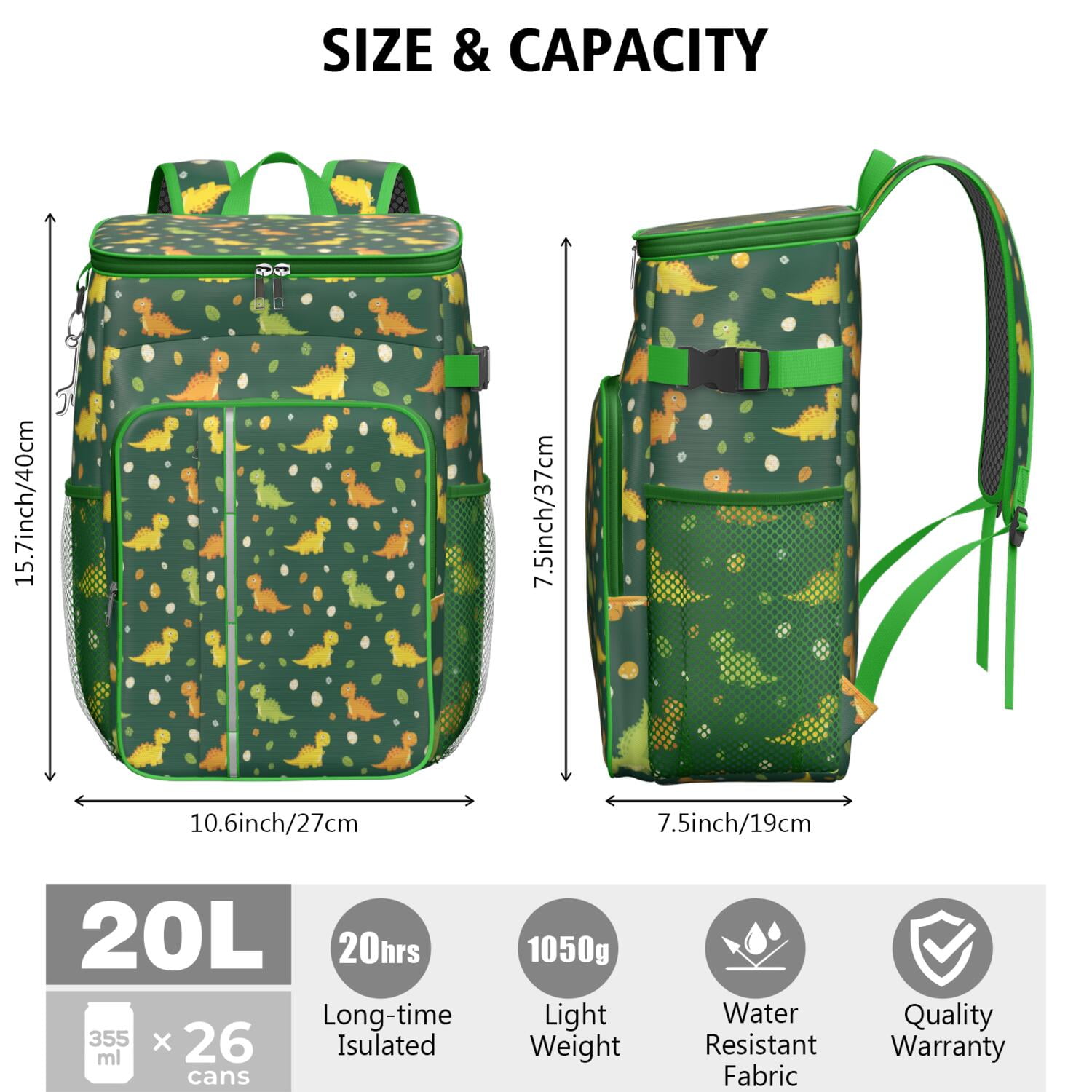 Travel Cooler Bag - Green Cartoon Dinosaurs Eggs Pattern Camping Beer Cooler Backpack with Bottle Opener- Waterproof Insulated Picnic Backpacks - Cooler Bag for Beach