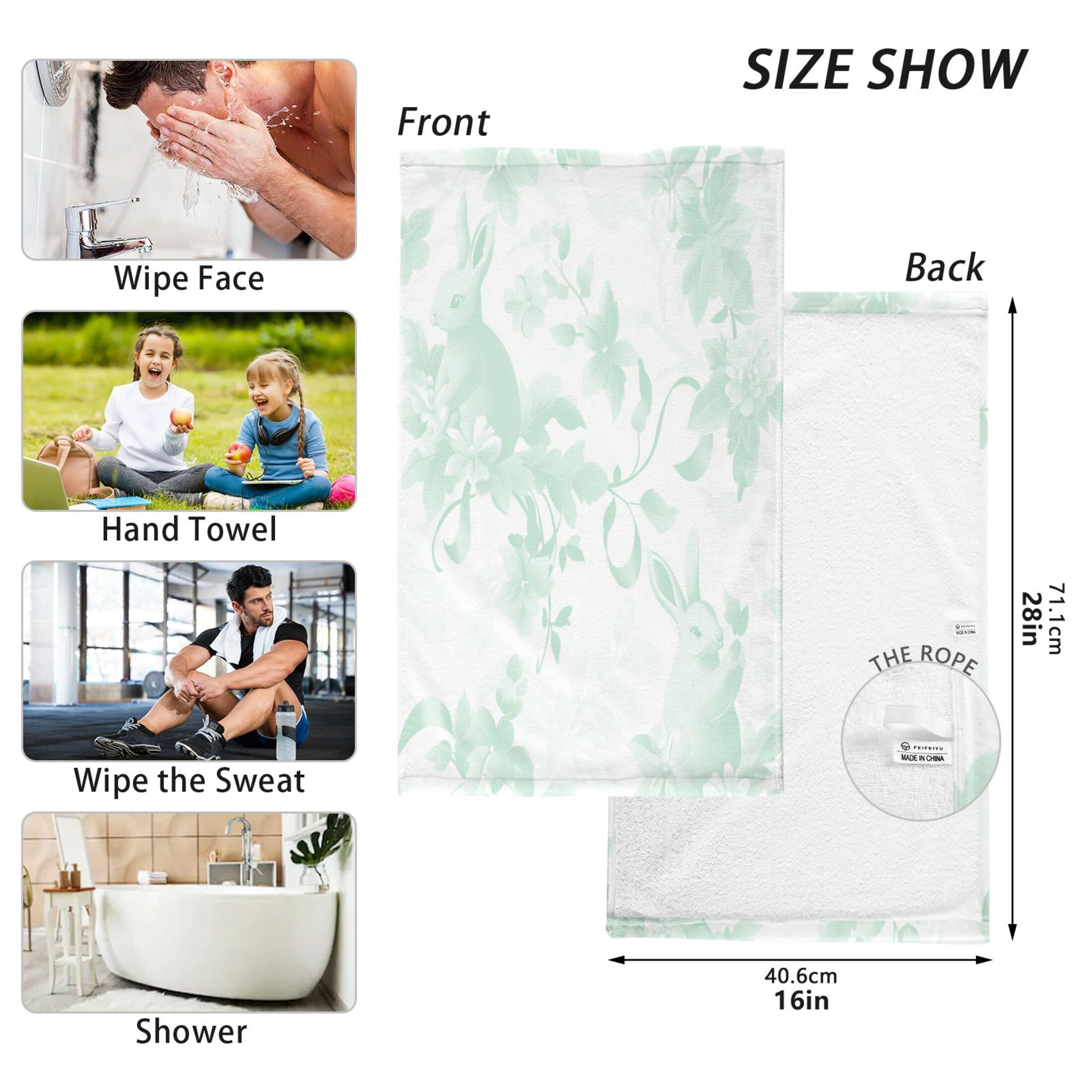 2 Pcs Absorbent Face Towel Bath Hand Towels Soft Breathable Cotton Towel Set for Bathroom Kitchen Hotel Spa Decor Mint Green Rabbits