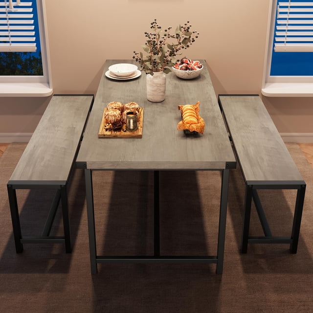 Eastvita 3-Piece Farmhouse Dining Table Set for 4 with Upholstered Benches - Space-Saving Rectangular Kitchen Table Set