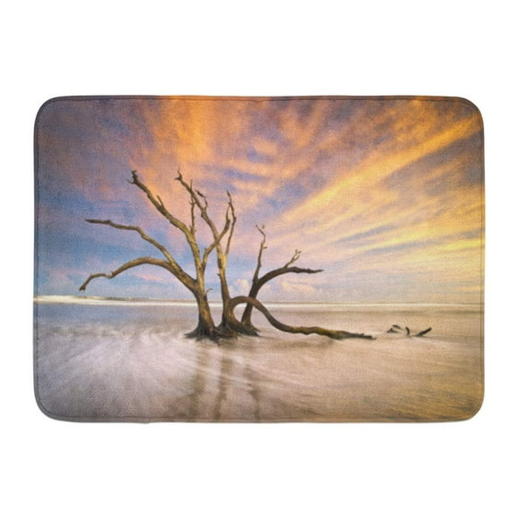 YUSDECOR Yellow Folly Beach Dead Tree Driftwood Ocean Sunset Charleston Sc Landscape Scene in South Carolina Pink Rug Doormat Bath Mat 23.6x15.7 inch