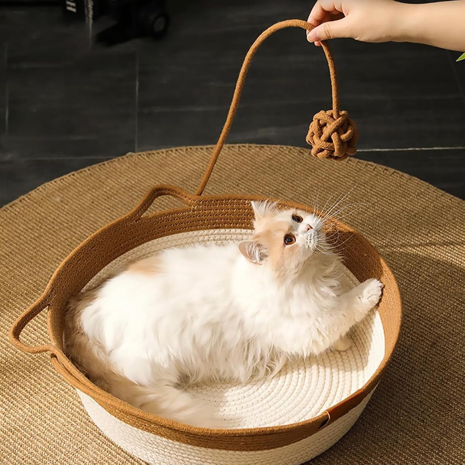 Cutypet Cat Basket,Handwoven Cotton Rope Woven Cat Bed Basket, Toy Tail For Small & Large Cat & Dogdouble Sided Mat For All Seasons