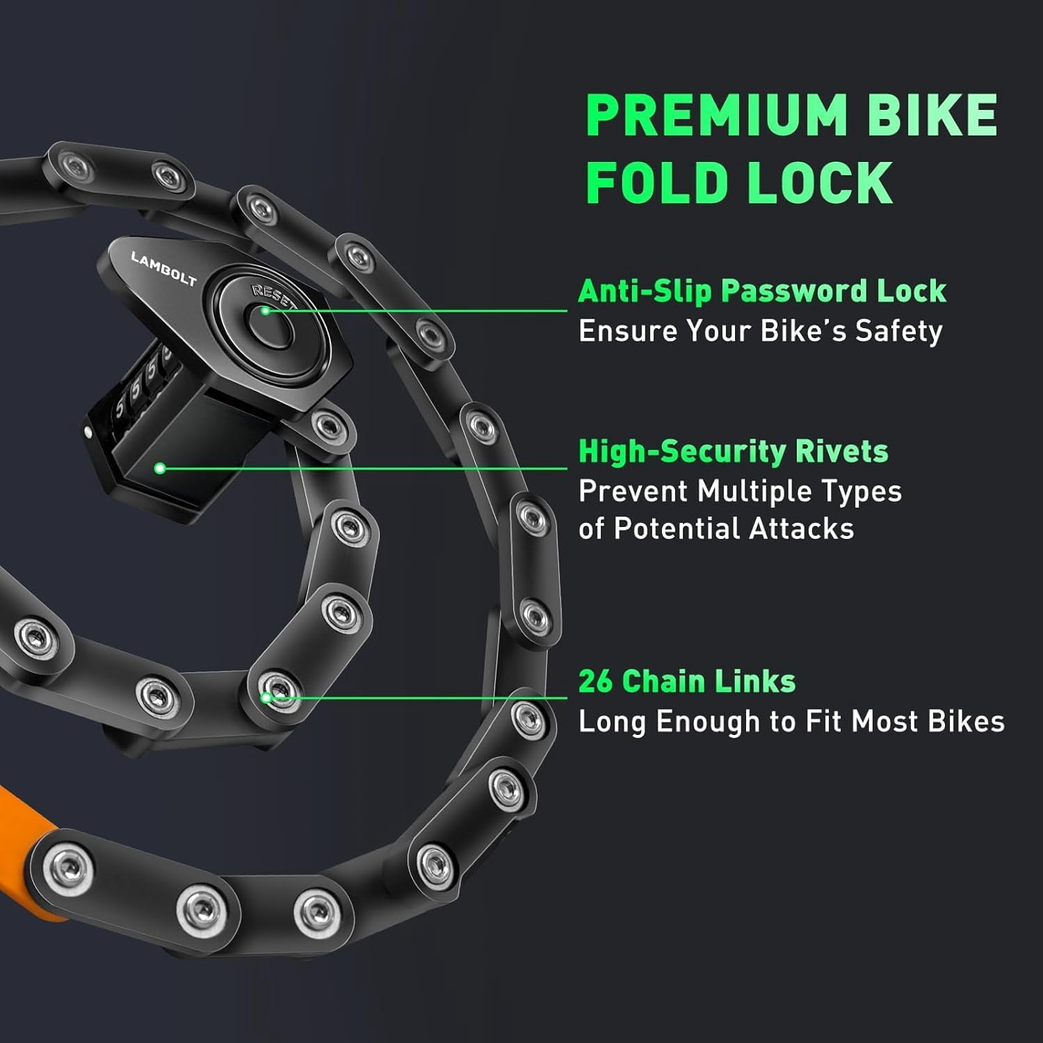 Heavy Duty Folding Combination Security Chain for Electric Scooter & Ebike, Compact Alloy Steel with Mounting Bracket