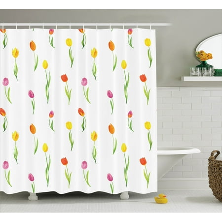 - Watercolor Flower Decor Shower Curtain Set, Colorful Tulips Pattern Country Style Floral Home Decor Watercolor Effect Art Print, Bathroom Accessories, 69W X 70L Inches, By Ambesonne