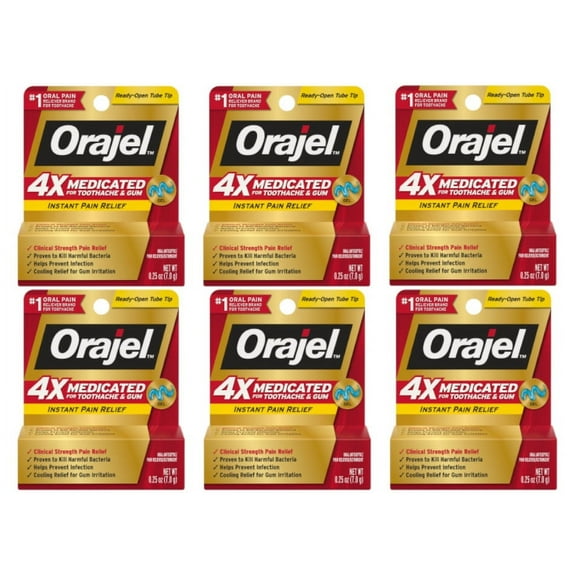 Orajel 4X Medicated For Toothache & Gum Relief, Cooling Gel, 0.25 oz (Pack of 6)
