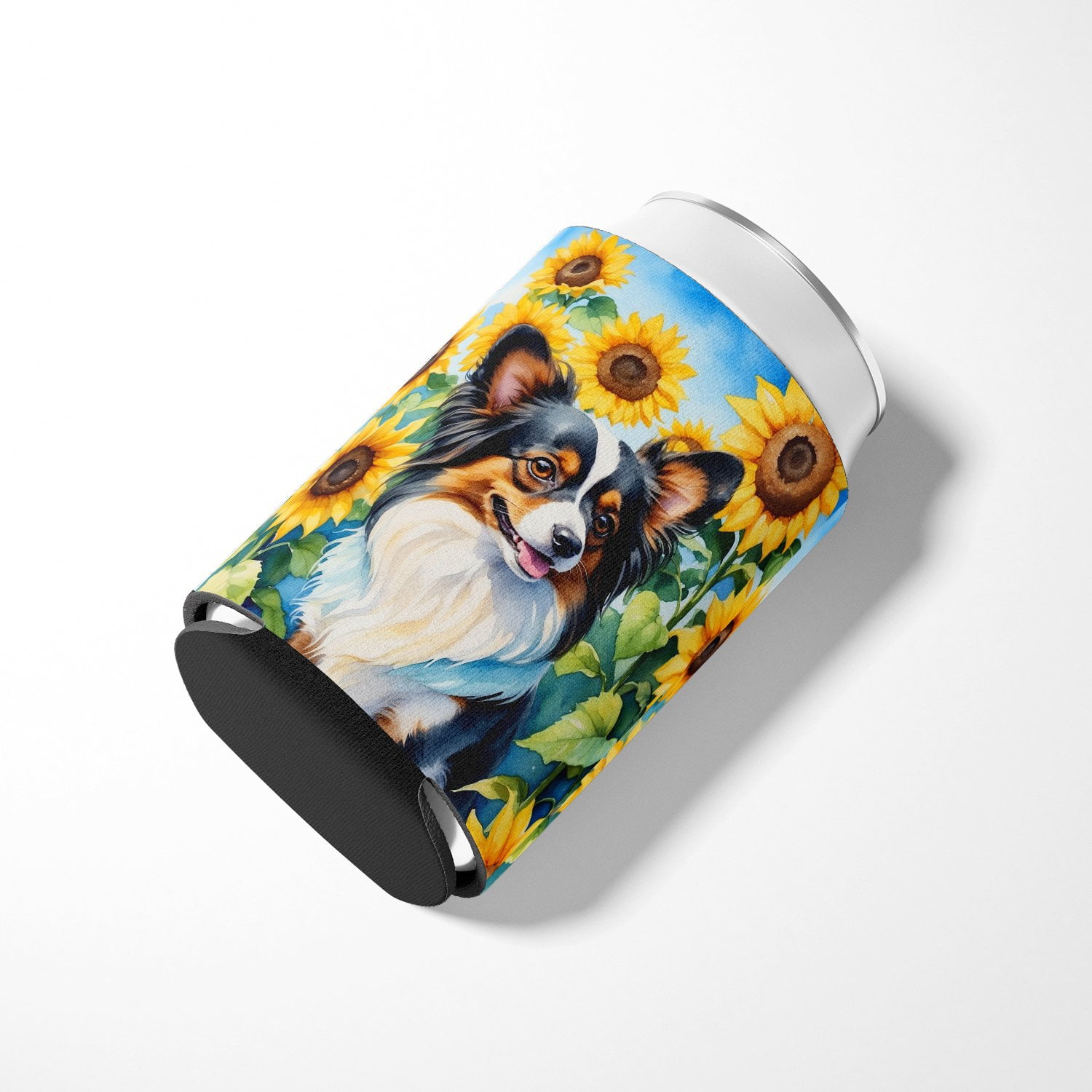 Papillon in Sunflowers Can or Bottle Hugger 3 in x 5 in