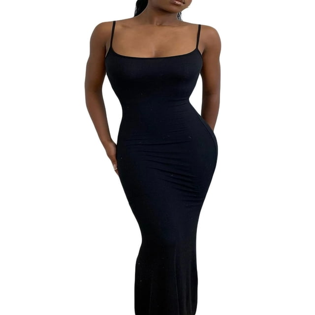 KEINXS Robe Sans Manches pour Femmes, Couleur Unie, Bretelles Spaghetti, Jupe Longue Moulante