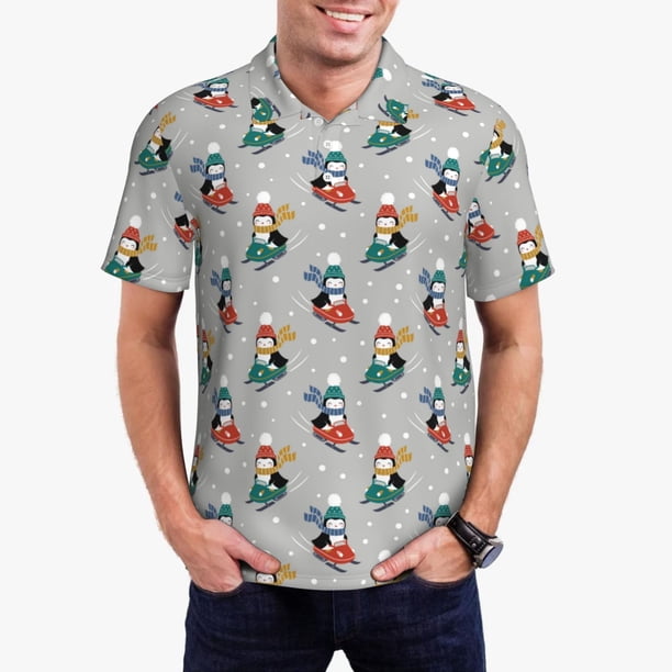 Balery Skiing penguin Camisa Polo de Hombre con Estampado, de Manga Corta y Tejido Medio, Camisa Tipo Golf Polo-4X-Large