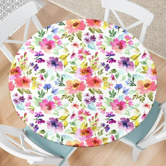 Spring Round Fitted Tablecloth with Elastic Edge Watercolor Flower Outdoor Tablecloth Reusable Table Cover for Indoor Home Kitchen Decor Fits 44-48" Diameter Round Tables