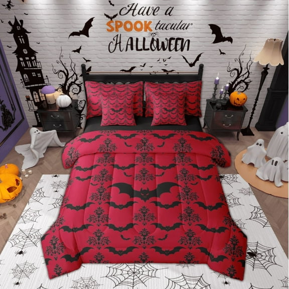 Manfei Spooky Bats 7-Piece Twin Bedding Sets,Happy Halloween Bedding Comforter Set,Baroque Flower Floral Sheet Sets For Boys Kids,Red Black Bedroom Decor Reversible