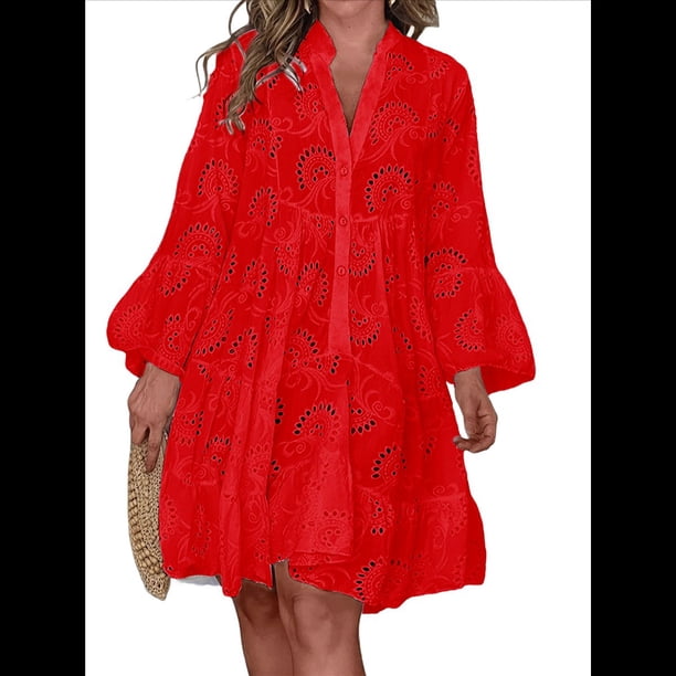 Vestido Bohemio de Encaje con Bordado de Ojales para Mujer, Escote en V, Mangas Acampanadas, Corte Holgado, 2025 Gran Rojo XXL